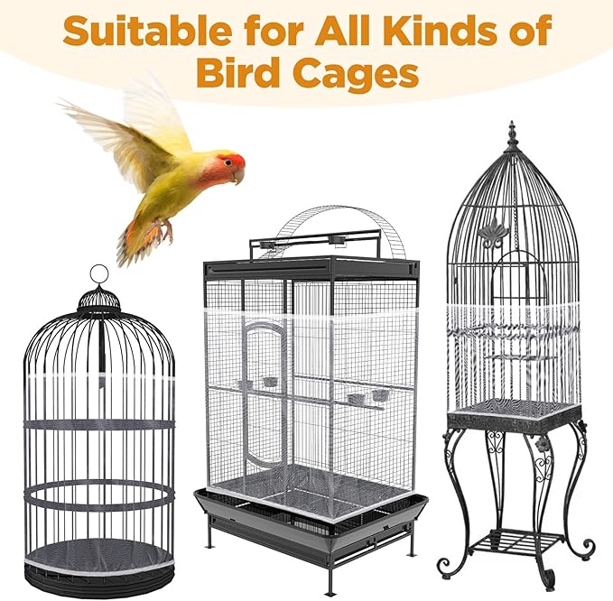 SHENLIU White Bird Cage Mesh Cover, Seed Collector Protective Meshs Cover, Adjustable Soft Breathable Mesh, Budgie Cage Bird Seed Collector Suitable for Parrot Cages Round and Square Cages