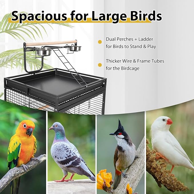 64.4" Tall Large Bird Cage, Metal Parrot Cage with Rolling Stand, Play Top & Bowls - Bird Aviary for Parrots, Parakeets, Conures, Cockatiels, Indoor Outdoor Aviary for Outside Porch Garden Yard