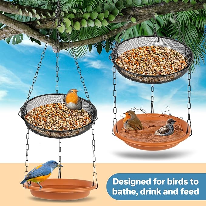 RAINFLOW Hanging Bird Bath for Outdoors - Hanging Bird Feeder for Outside, Platform Bird Water Feeder Bath Tray Wildlife Feeder,Tray for Outdoors Garden Backyard Attracting Wildbirds，2 in 1 Set
