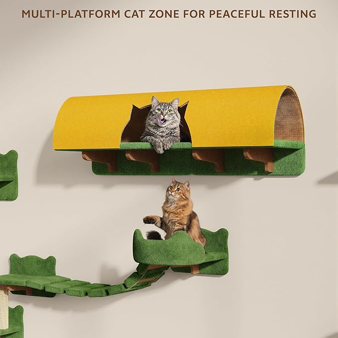 Cat Wall Shelves, Wall Mounted Cat Shelf Furniture with Plush Fabric(16 Piece Set), Cats Furniture with 40''L Tunnel, Condos, House, Steps, Bridge Ladder and Scratching Post, Green