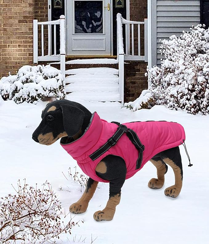 Geyecete Waterproof Dog Jacket with Harness Traction Belt, Pink, Medium-Small, Autumn & Winter