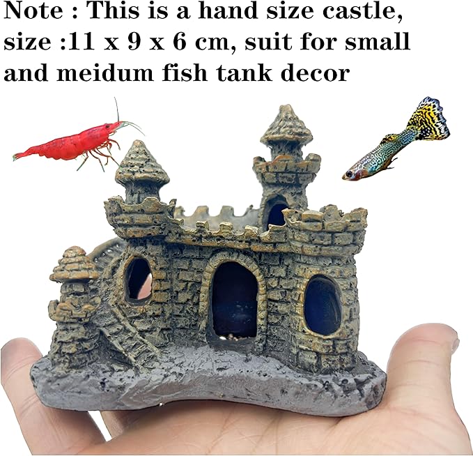 Small Aquarium Castle Decor , Mini Cute Fish Tank Castle Ornaments, Young Little Fish Fish Larvaes Shrimp Hide Caves Hideout for Small Medium Fish Tank Decor Crab Cichlid Betta Tank Decor (Brown)