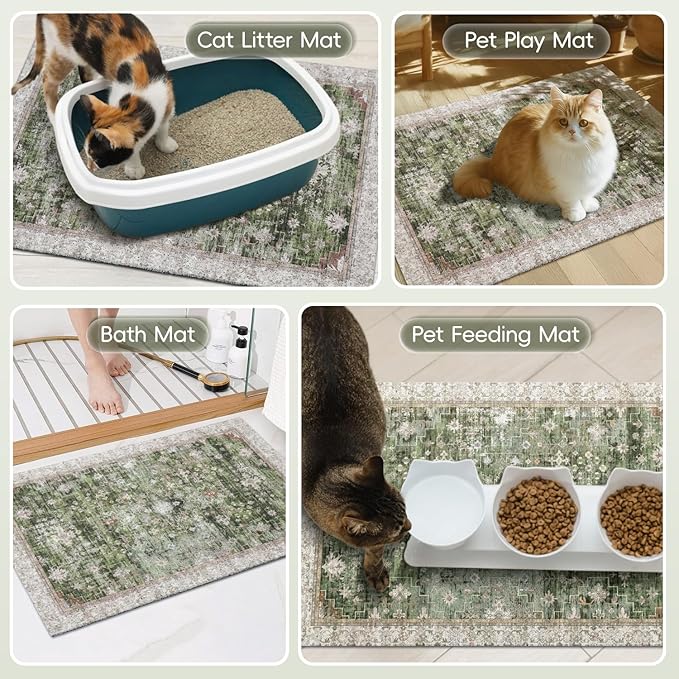 Cat Litter Mat Litter Trapping Mat, 24"x15" Waterproof Urine Proof Litter Box Mat Catcher Mat Non-Slip Washable for Kitty Kitten, Green