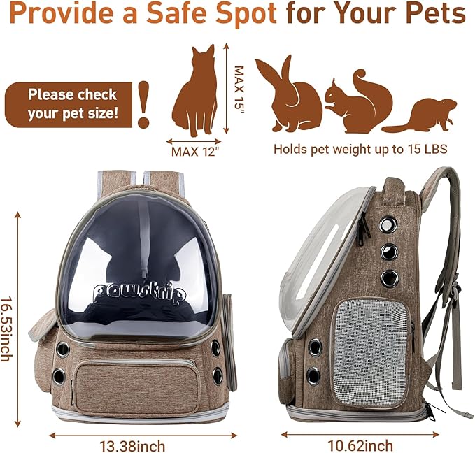 Pawstrip Cat Backpack Carrier with Large Space Bubble Window, Airline Approved Breathable Pet Carrier for Small Dogs Cats up to 15lbs, Foldable for Travel Hiking & Outdoor Use