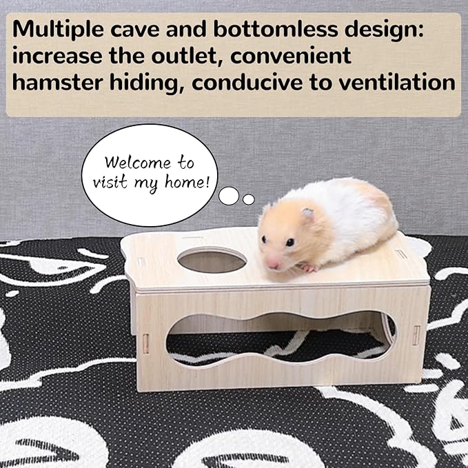 2 PCS Wooden Hamster Hideout Multi-Chamber Tunnel Set Hamster House Hiding Maze Platform Stuff Exploring Toy Cage Accessories for Gerbil Rat Mice