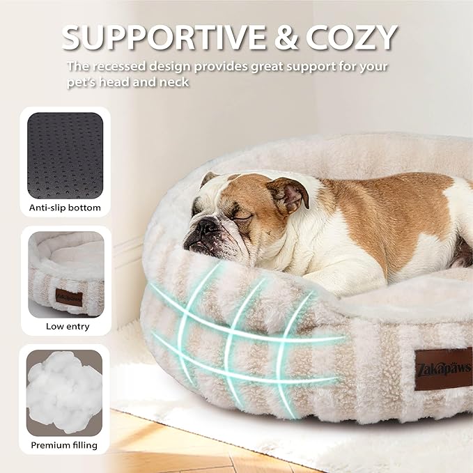 Cat Bed Puppy Bed - Washable Round Cat Beds for Indoor Cats, Soft Corduroy Fleece Pet Bed for Kitten and Samll Dog with Removable Double Sided Inner Cousion, 26", Beige
