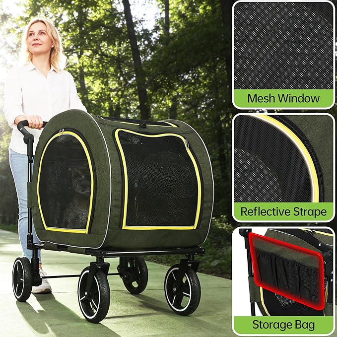 Saudism Pet Stroller for Dogs Cats up to 50 lbs, Foldable Dog Stroller with 360° Swivel Wheels, Detachable Carrier, Adjustable Handle, Travel Dog Stroller for Small Medium Large Pets, Green