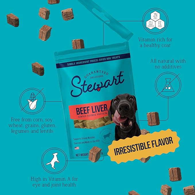 Stewart 100% Beef Liver Dog Treats, 16 oz Pouch, ~360 Pieces, Freeze Dried Raw, Single Ingredient, 50% Protein Training Treats or Meal Topper, Grain Free, Gluten Free