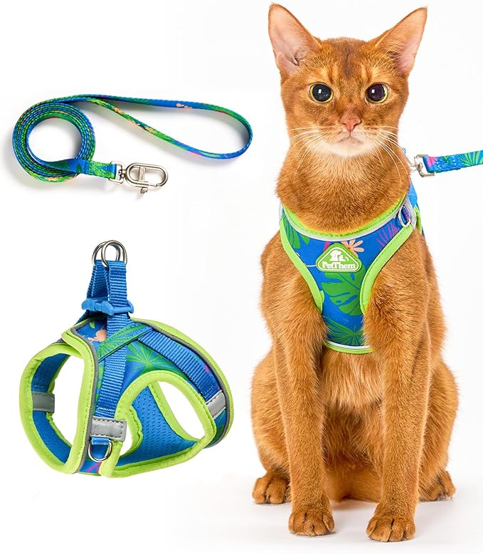 PetThem Upgraded Cat Harness and Leash Set - Step-in Escape Proof Adjustable Cat Harness, Comfortable Soft Lightweight, Reflective Harness for Walking, Travel, Camping (Hawaii Green, S)