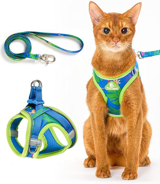 PetThem Upgraded Cat Harness and Leash Set - Step-in Escape Proof Adjustable Cat Harness, Comfortable Soft Lightweight, Reflective Harness for Walking, Travel, Camping (Hawaii Green, XXS)