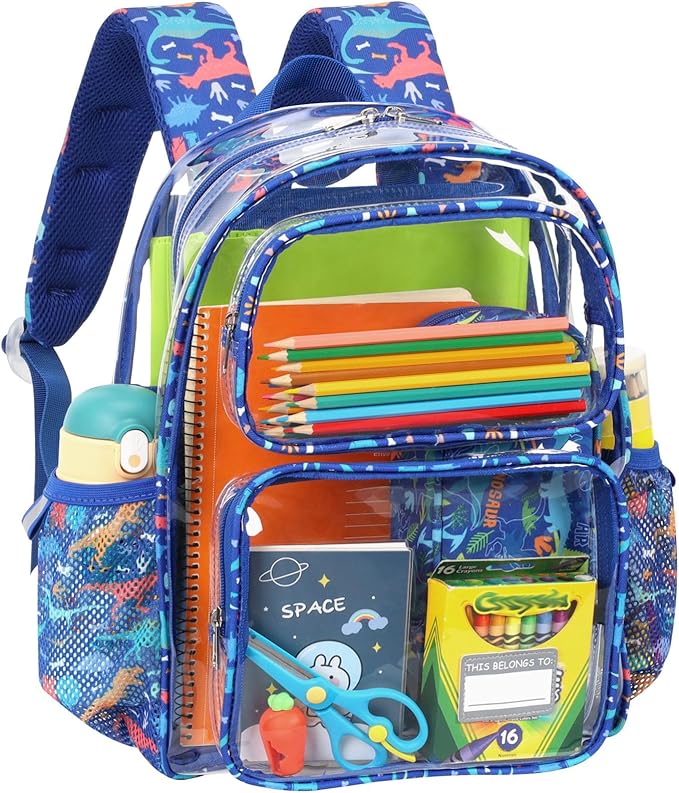 Clear Backpack for Boys, 15 Inch Heavy Duty Transparent Bookbag for Kindergarten to 2nd Grade, PVC See Through Daypack with Reflective Straps, Fits Standard Folders, Blue Dinosaur