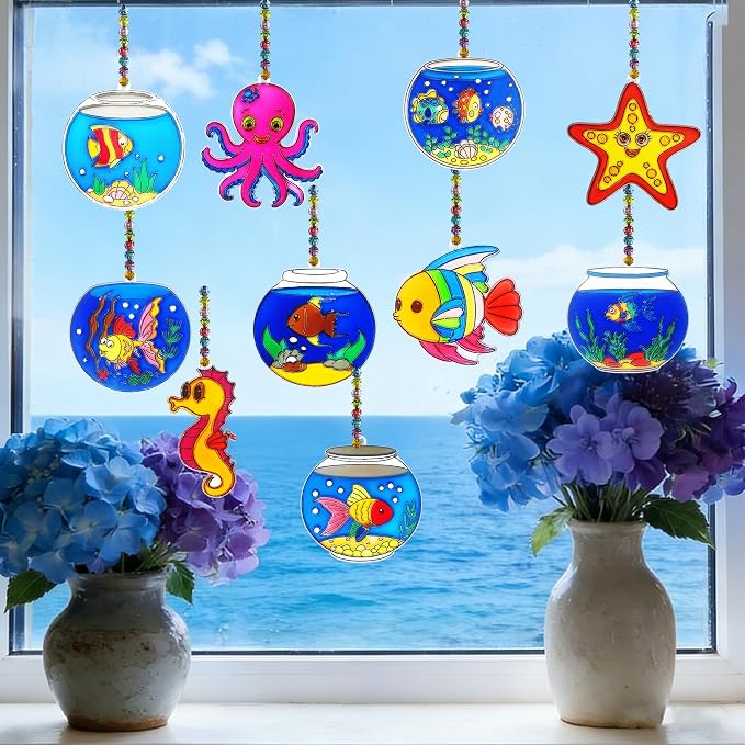 Ayhuhra 30 Set Fishbowl Suncatcher Craft Kits, Sea Animal Fish Tank Art | Under the sea crafts for summer parties, beach decor, ocean themes, aquatic art projects, and sunny window displays