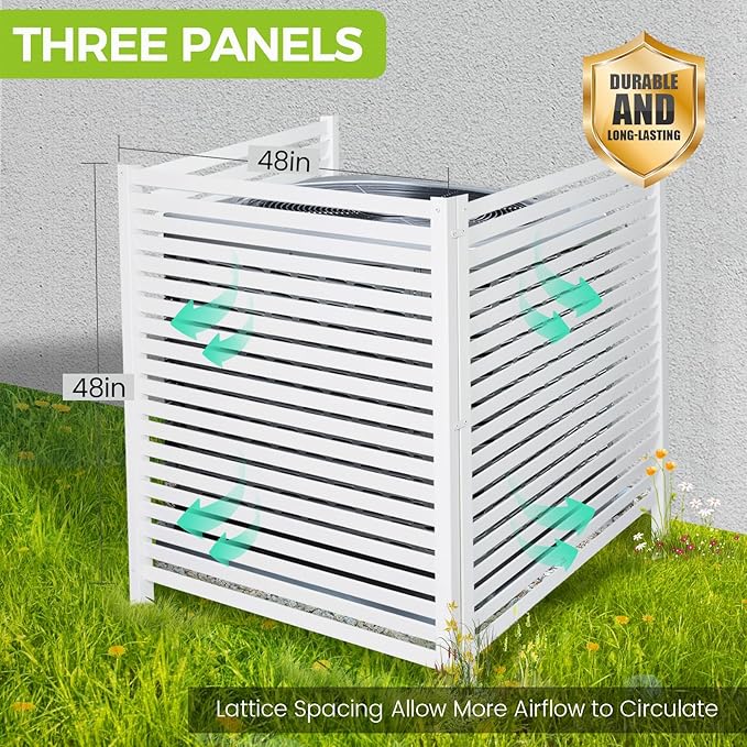 Air Conditioner Fence 48" W X 48" H Trash Can Fence Pool Equipment Enclosure Vinyl Privacy Fence Outdoor No Dig Privacy Fence 3 Panels with Metal Stake, White