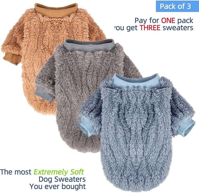 FabriCastle Small Dog Sweaters, 3-Pack Dog & Cat Clothes, Ultra Soft and Warm Pet Jackets for Small Dogs Boy & Girl, Winter Pet Apparel Costumes, Puppy Outfits (Blue,Grey,Doe, Large)