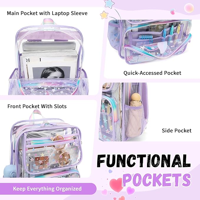 MOONBABY Clear Backpack for School Girls, Heavy Duty TPU Transparent Backpack Stadium Events Approved, Clear Bookbag