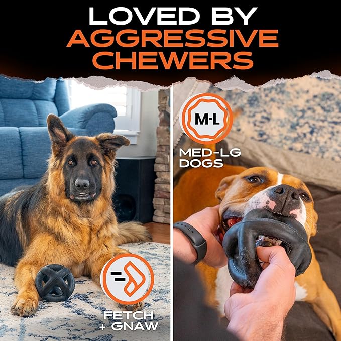 Monster K9 Ultra Durable Dog Ball - Lifetime Guaranteed - Tough, Heavy Duty Dog Toy for Aggressive Chewers - Safe Non-Toxic Natural Rubber - Chew, Tug & Fetch - Med/Large Breed, 5.5”