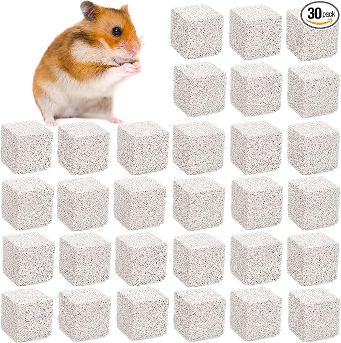 DEAYOU 30 Pack Small Animal Lava Bites, Hamster Teeth Grinding Block, Bunny Chew Toys, Natural Mineral Calcium Square Stone for Chinchilla, Squirrel, Rat, Parrot, Rabbit, Guinea Pig, 1.57"×1.57"×1.57"