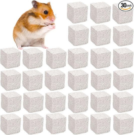 DEAYOU 30 Pack Small Animal Lava Bites, Hamster Teeth Grinding Block, Bunny Chew Toys, Natural Mineral Calcium Square Stone for Chinchilla, Squirrel, Rat, Parrot, Rabbit, Guinea Pig, 1.57"×1.57"×1.57"