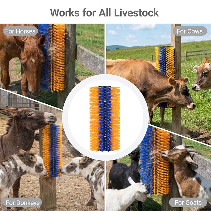 2 Pack Livestock Scratching Brush, Large Horse Grooming Brush Kit With Stainless Steel Curry Comb for Full Massage, Heavy Duty Animal Scratcher for Goat, Cow, Donkey, Horses, Barn or Pasture