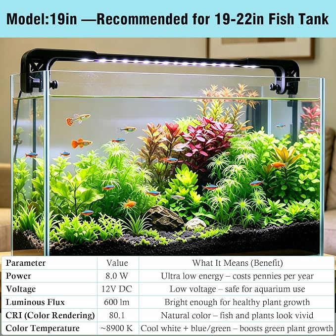 HITOP 19in Slim&Adjustable Aquarium LED Light Achieves Crystal Tank | Full Spectrum with Day/Night Mode & Timer, 10-Level Brightness, Adjustable Lighting for Planted Tank & Freshwater Tank