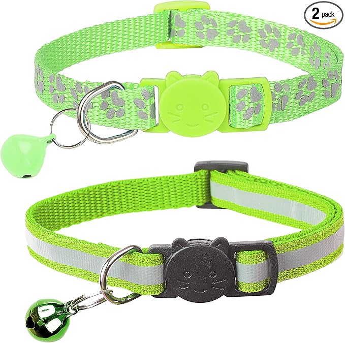 BANMODER 2 Pack Reflective Cat Collar Breakaway with Bell,Personalized Kitten Collars,Adjustable Safety Buckle Collar for Male Cats Girls & Boys (Light Green)