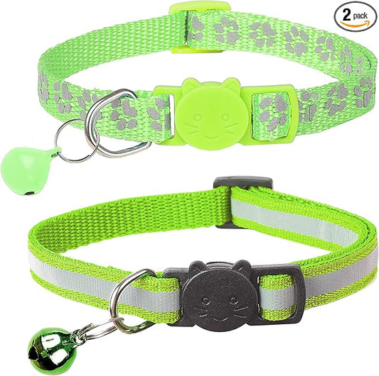 BANMODER 2 Pack Reflective Cat Collar Breakaway with Bell,Personalized Kitten Collars,Adjustable Safety Buckle Collar for Male Cats Girls & Boys (Light Green)