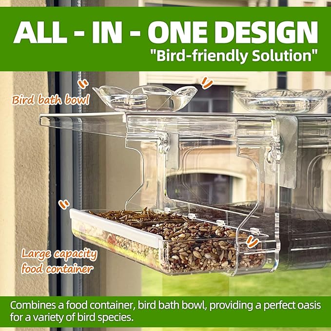 WENMIXER Window Bird Feeder with Non-Marking Self-Adhesive Hooks, Clear and Transparent, Outdoor Wild Bird Watching Gift, Garden Decor (Standard)