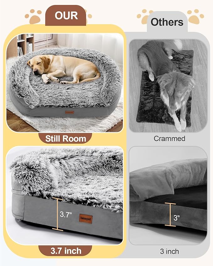 iweepet 3.7 inch Thickened Orthopedic Dog Beds for Jumbo Dogs, Curved Bolster Support Dog Couch with Removable & Washable Fluffy Cover, Orthopedic Oval Memory Foam, Non Slip Bottom,Grey