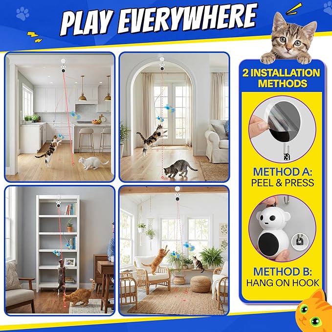 Interactive Cat Toys for Indoor Cats - 2 in 1 Automatic Laser Pointer Cat Toy with Flying Bird，Smart Moving Wand Toy with 2 Modes, Doorway Hanging Toys Safe for Bored Kitten & Adult Cats