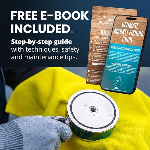 AnglerMag™ Magnet Fishing Kit - 2000 lbs Double Sided Neodymium Magnetic Fishing Stuff with Rope - 10 PCS Extra Strong Complete Gift Set with eBook, Carabiner, Gloves, Grappling Hook & Carrying Bag