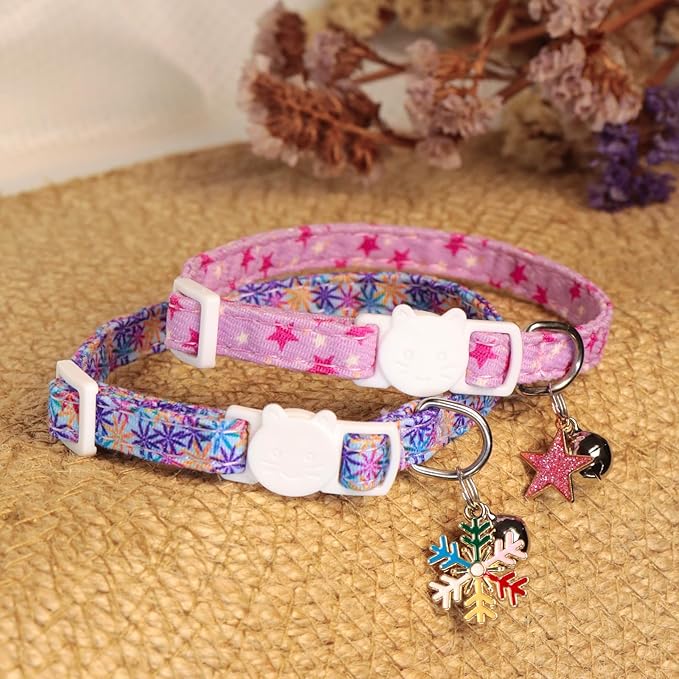 Cat Collars for Girl Cats & Boys, 2 Pack Soft Cotton Breakaway Collar with Removable Bell and Cute Charms, Adjustable Safety Pet Necklace, Colorful