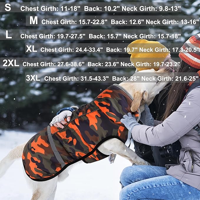 Dogcheer Warm Dog Coat, Waterproof Dog Jacket Christmas Puppy Winter Coat with Buckle, Reflective Adjustable Pet Snow Jacket Turtleneck Fleece Sweater for Small Medium Large Dogs - Orange Camo, L