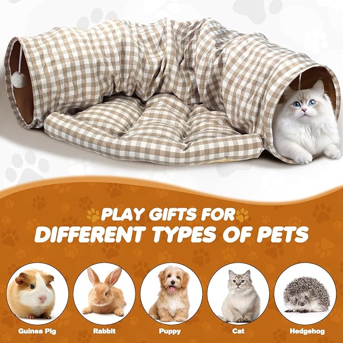 Spardar Bunny Tunnel Bed, 2-in-1 Collapsible Tunnel Tubes Toys, Washable, with Removable Mat Hideout, Interactive Toys for Rabbits Chinchilla Hedgehog Guinea Pigs Kitty, Checkered