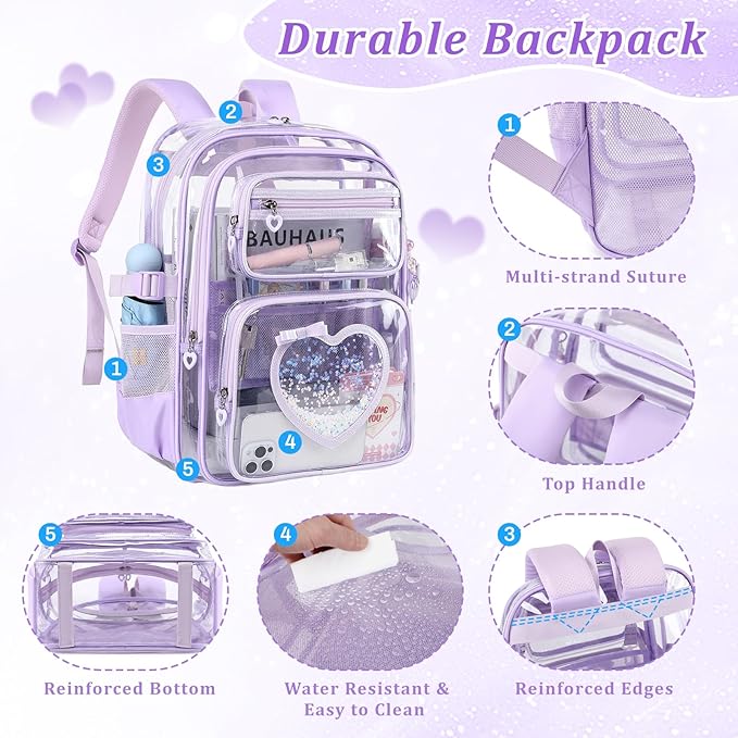 Clear Backpack for School Girls, Cute Heavy Duty PVC Transparent Bookbag, See-Through Bag for Stadium Event Purple