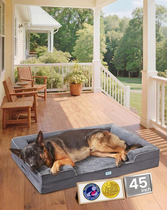 OhGeni Orthopedic Dog Bed Couch Big Cat Sofa for Extra Large Sized Pets with Memory Foam, Machine-Washable Waterproof Removable Cover, Soft Comfortable Fabric, 45-inch (Gray)