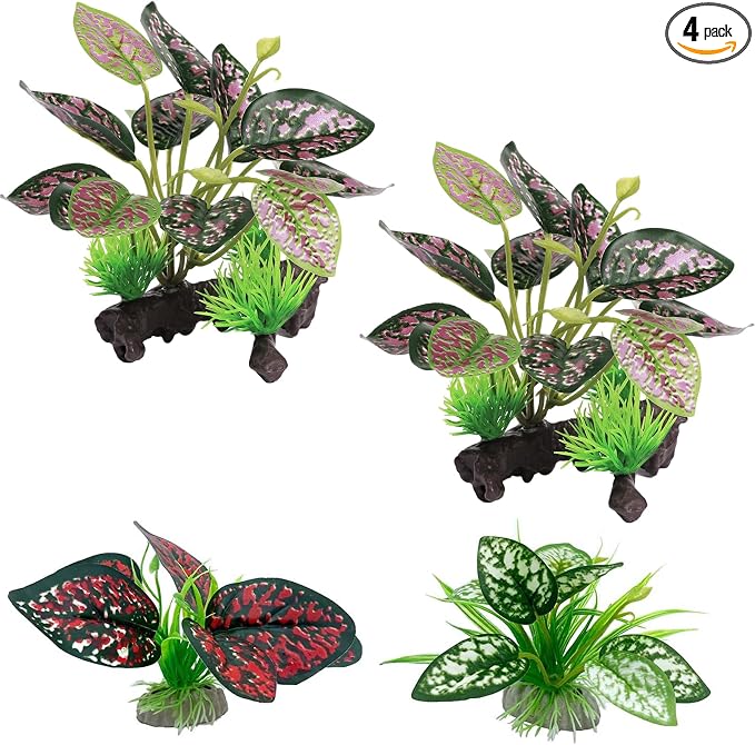 Moonorange Reptile Artificial Plants, Terrarium Plants Decorations Supplies, Aquarium Fish Tank Plant, Amphibian Habitat Hideout Tank Accessories(M Set-4pcs/A)