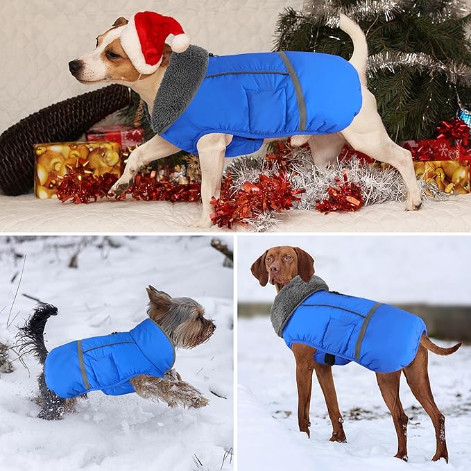Dogcheer Warm Dog Coat, Waterproof Dog Jacket Christmas Puppy Winter Coat with Buckle, Reflective Adjustable Pet Snow Jacket Turtleneck Fleece Sweater for Small Medium Large Dogs - Blue, XL