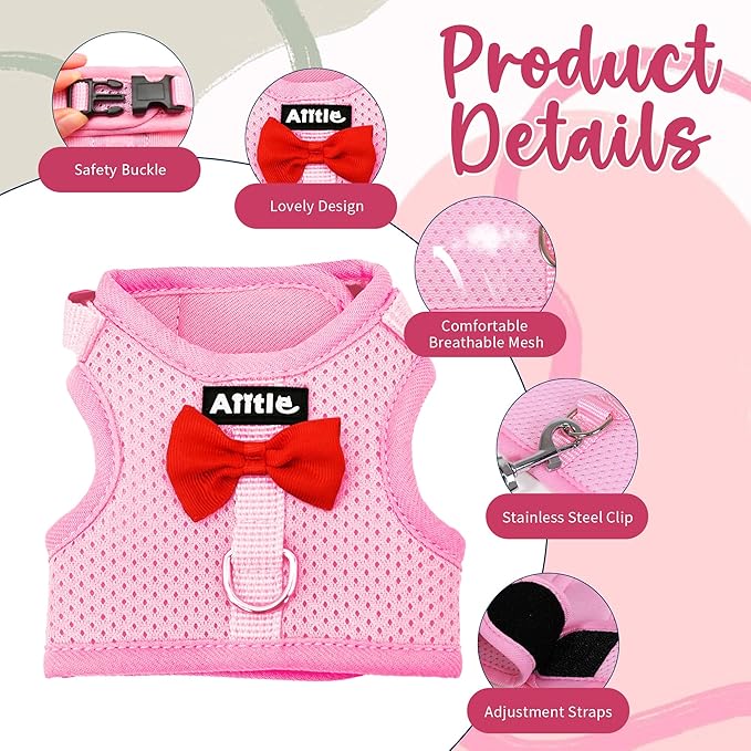 AIITLE Rabbit Harness and Leash Set with Cute Bow, Soft Breathable Mesh Vest Harness for Rabbits Kitten Ferret Puppy Small Pets Walking Supplies Pink S