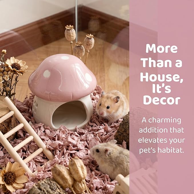 Ceramic Hamster House Small Animal Hideout Outdoor Cartoon Multipurpose Hamster Hide Bed Mushroom Shaped for Rats Chipmunk, Pink