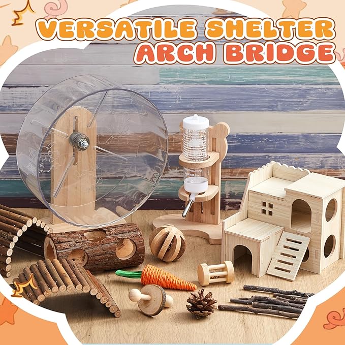 18 Pcs Hamster Cage Accessories, Silent Hamster Wheel, Chew Toys Set, Maze Wood House and Water Bottle Set for Rat Mice Small Animals Habitat (Natural Log Style)