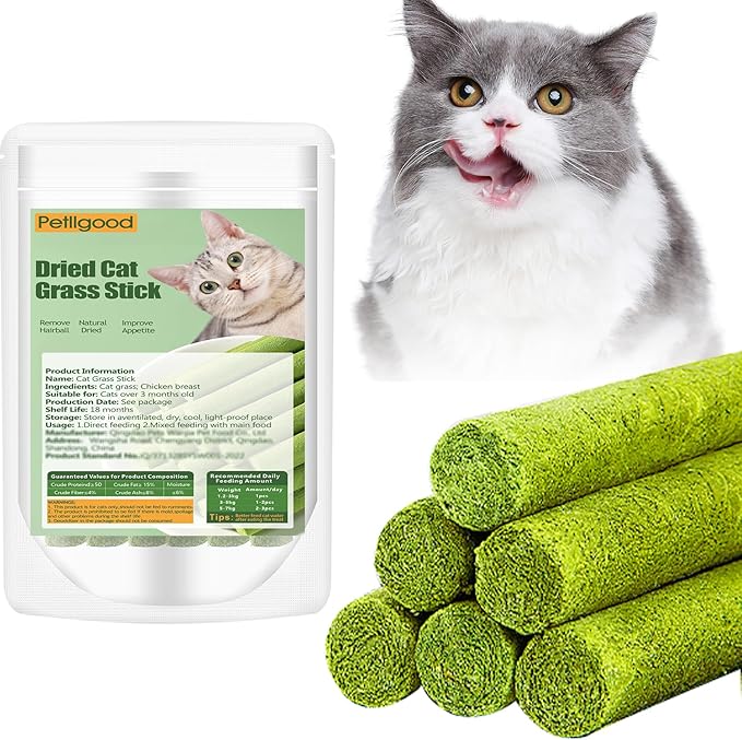 120g Cat Grass Teething Stick, Freeze Dried Cats Grass Stick Edible Cat Chew Toy for Teeth Cleaning Dental Health and Hairball Removal