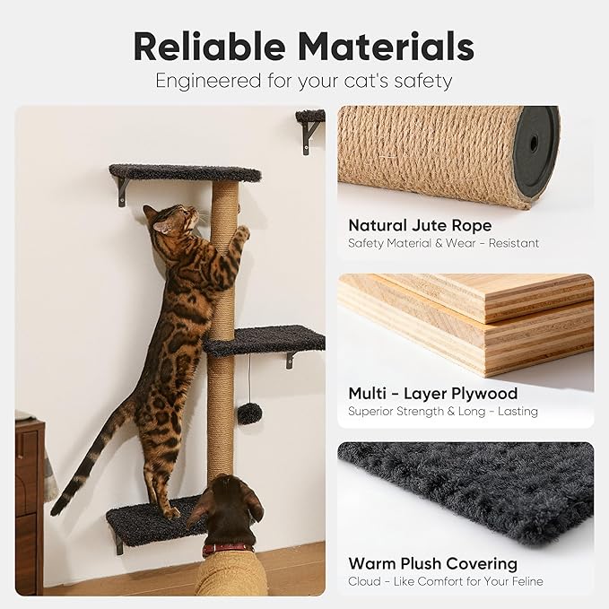 FUKUMARU Cat Wall Shelves, Stable & Safe 5 in 1 Cat Walls Furniture Set, Wooden Kitten Climbing Wall with Scratching Post for 16 Inch Drywall - Gray