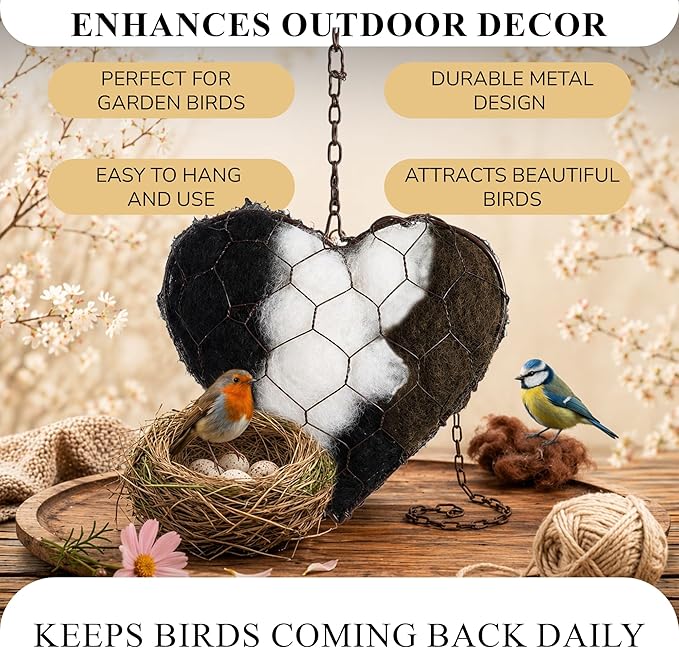 VELNORA Alpaca Fiber Nesting Heart – Hanging Natural Material for Outdoor Garden Birds, Safe & Cozy Habitat