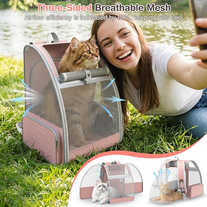 Cat Backpack Carrier Expandable for Travel: Foldable Pet Backpack with Breathable Mesh for Medium Small Dog Cat Puppy Kitten up to 15 Lbs, Cat Carrier Soft Backpack for Hiking Camping Outdoor(Pink)