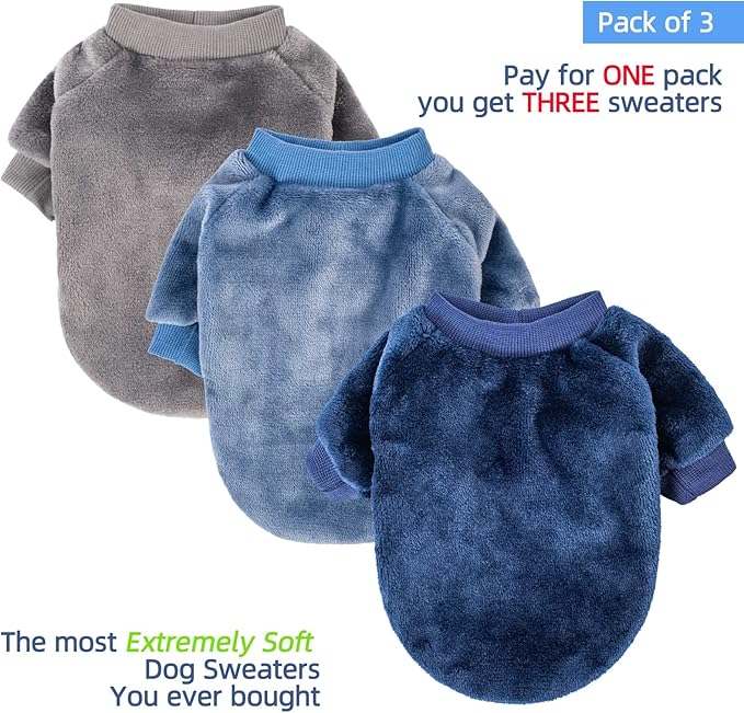FabriCastle Small Dog Sweaters, 3-Pack Dog & Cat Clothes, Ultra Soft and Warm Pet Jackets for Small Dogs Boy & Girl, Winter Pet Apparel Costumes, Puppy Outfits (Grey,Blue,Dark Blue, Large)