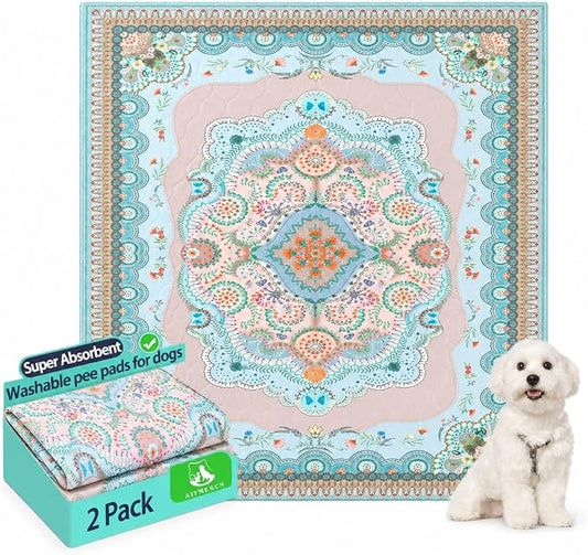 Aitmexcn Washable Pee Pads for Dogs, Reusable 24’’x 48’’ Waterproof Boho Mats for Puppy, Guinea Pig, Rabbit,Highly Absorbent,Ultra Soft, Non-Slip,Machine Washable,Stylish Design,2 Pack