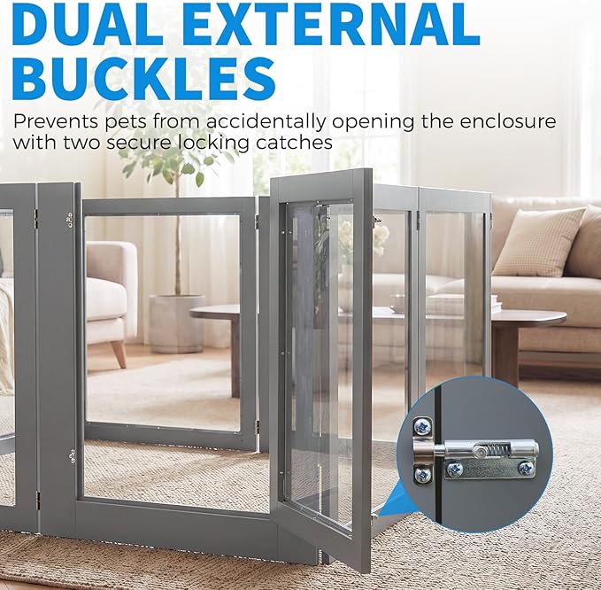 Heavy Duty Clear Acrylic Dog Playpen for Small/Medium Pets – 32" High Clear Pet Pen with Sturdy Metal Frame, Walk-in Kennel, Expandable Indoor & Outdoor Pet Play Yard (Grey, 8 Panels Including Door)