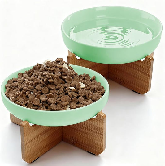 Shallow Elevated Cat Bowls with Bamboo Stand, 6.1 Inch Wide Ceramic Cat Dish Whisker Friendly, 2 Pack Pet Food and Water Plates