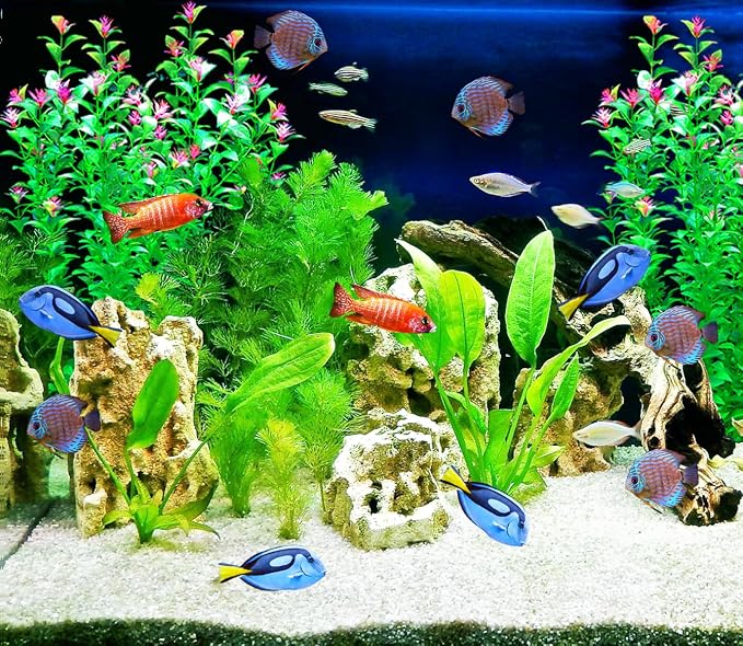 2 pcs Aquarium Decor Plants 21 Inches Extra Large Artificial Plastic Fish Tank Plants with Flowers, Tall Fish Tank Decoration for Betta Fish Tank