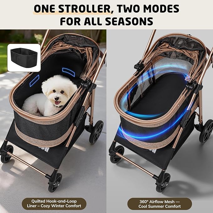 Pet Stroller for Small/Medium Dogs & Cats Up to 50 lbs, 3-in-1 Foldable Stroller w/Detachable Carrier & Car Seat, Removable All-Season Liner, Sunshade, Storage Basket & Cup Holder, All-Terrain, Khaki